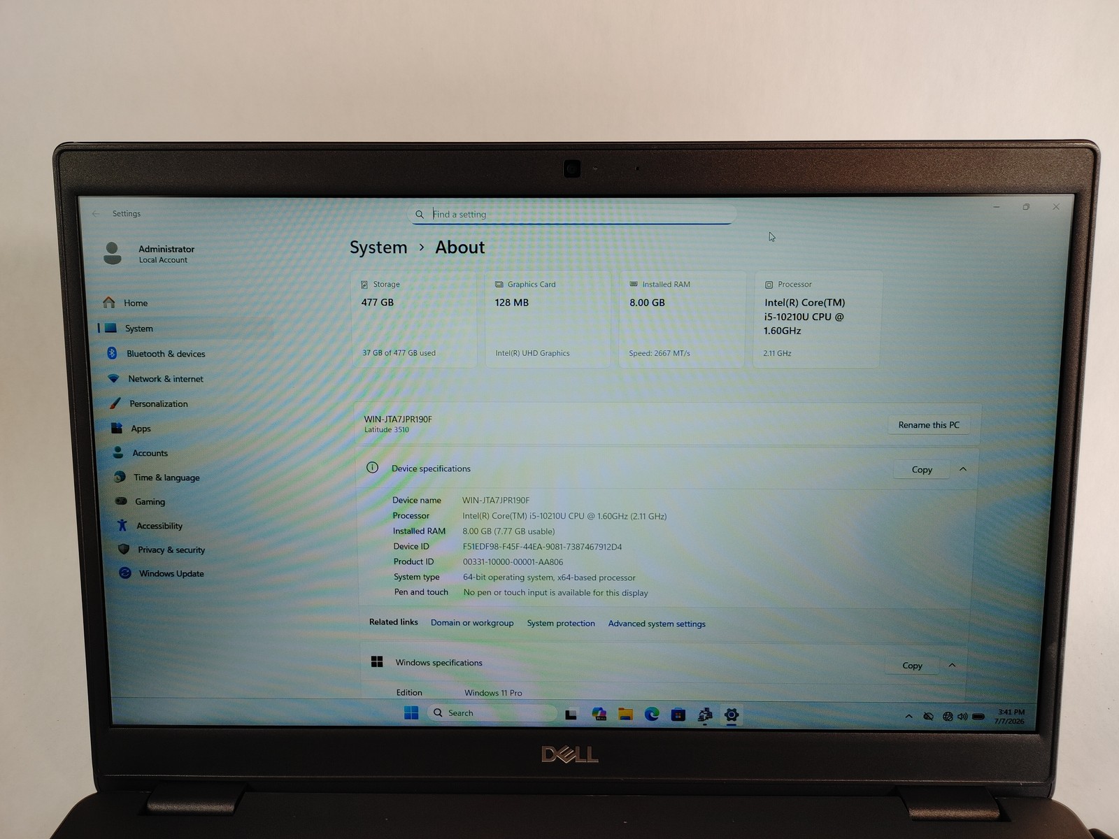 Dell Latitude 3510 Core i5-10210U 1.60 GHz 8 GB DDR4 512 GB M.2 Windows 11 Pro