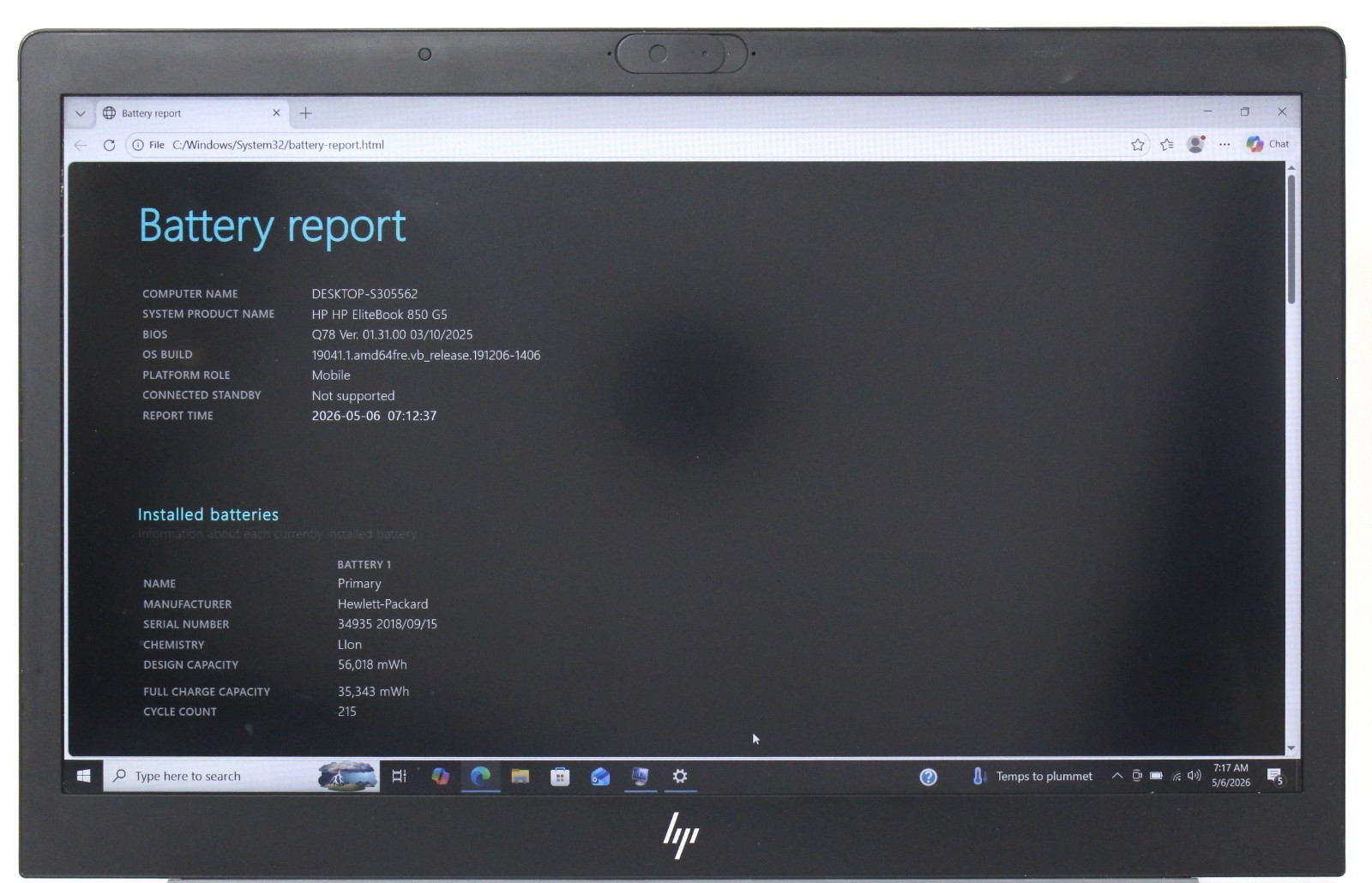 HP Elitebook 850 G5 15.6″ 256GB SSD 8GB RAM 2.3GHz i5-7300U Laptop; 6181308