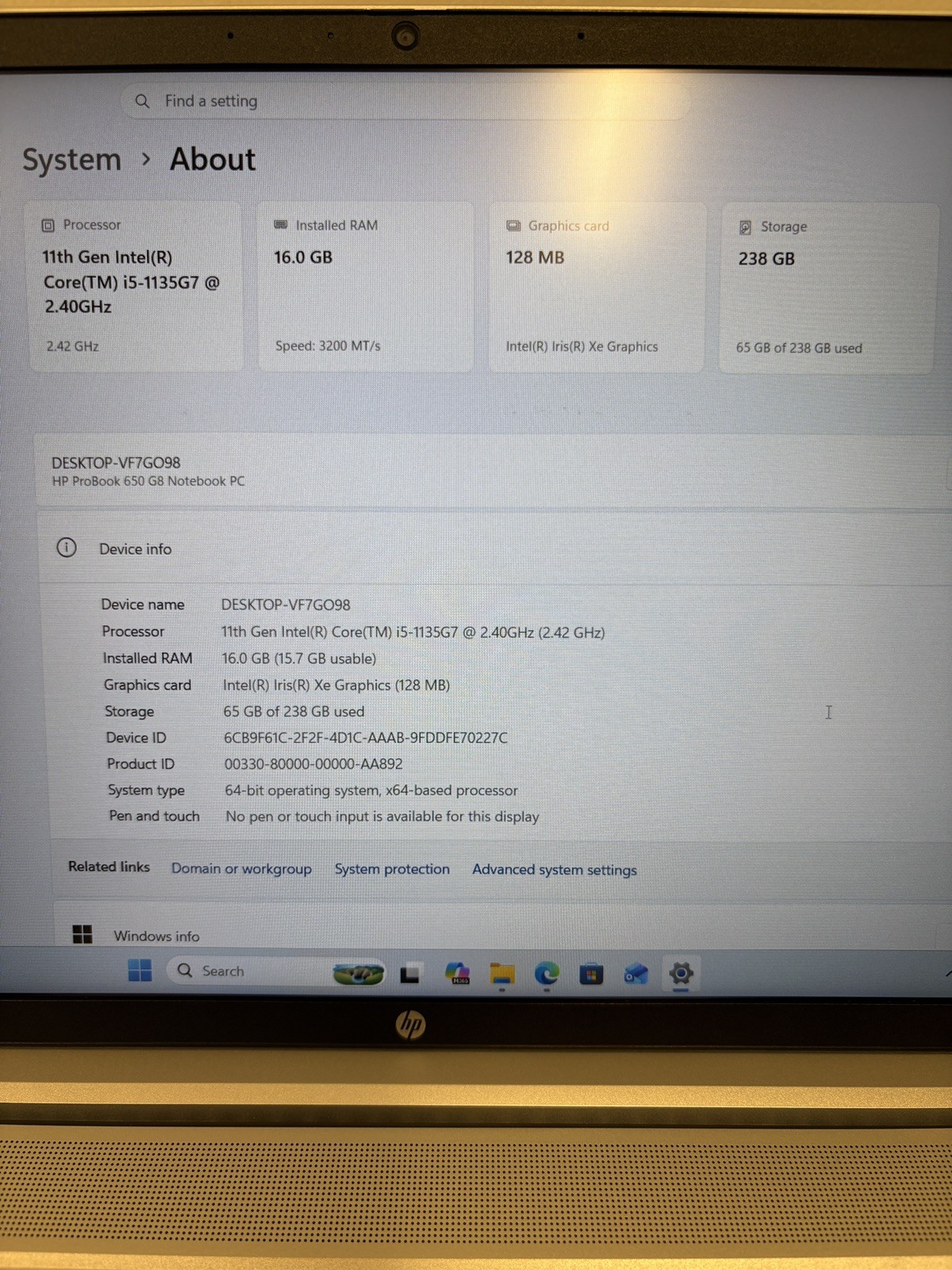 HP PROBOOK 650 G8 | CORE i5-1135G7 2.40GHZ | 256GB SSD | 16GB RAM | Win 11 Pro
