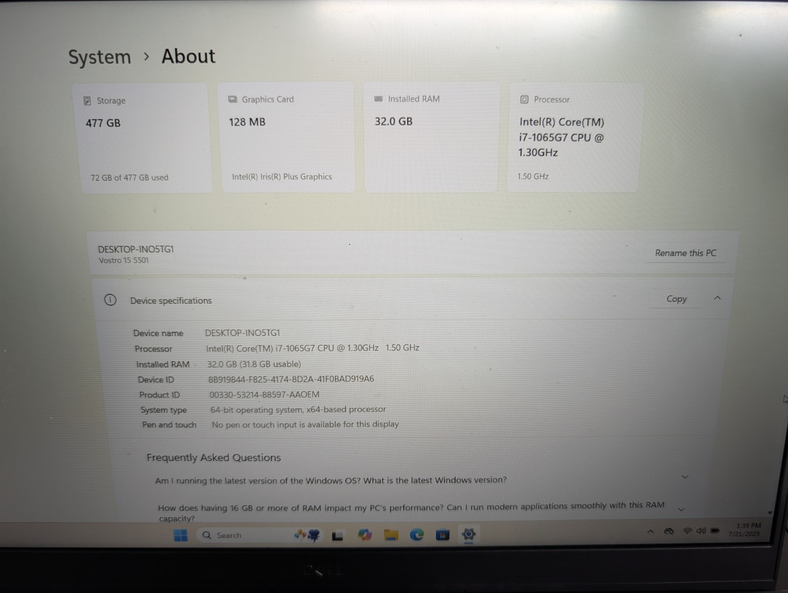 Dell Vostro 15 5501 15.6″ Intel i7-1065G7 1.30GHz 32GB 512GB NVMe SSD Win10 Pro