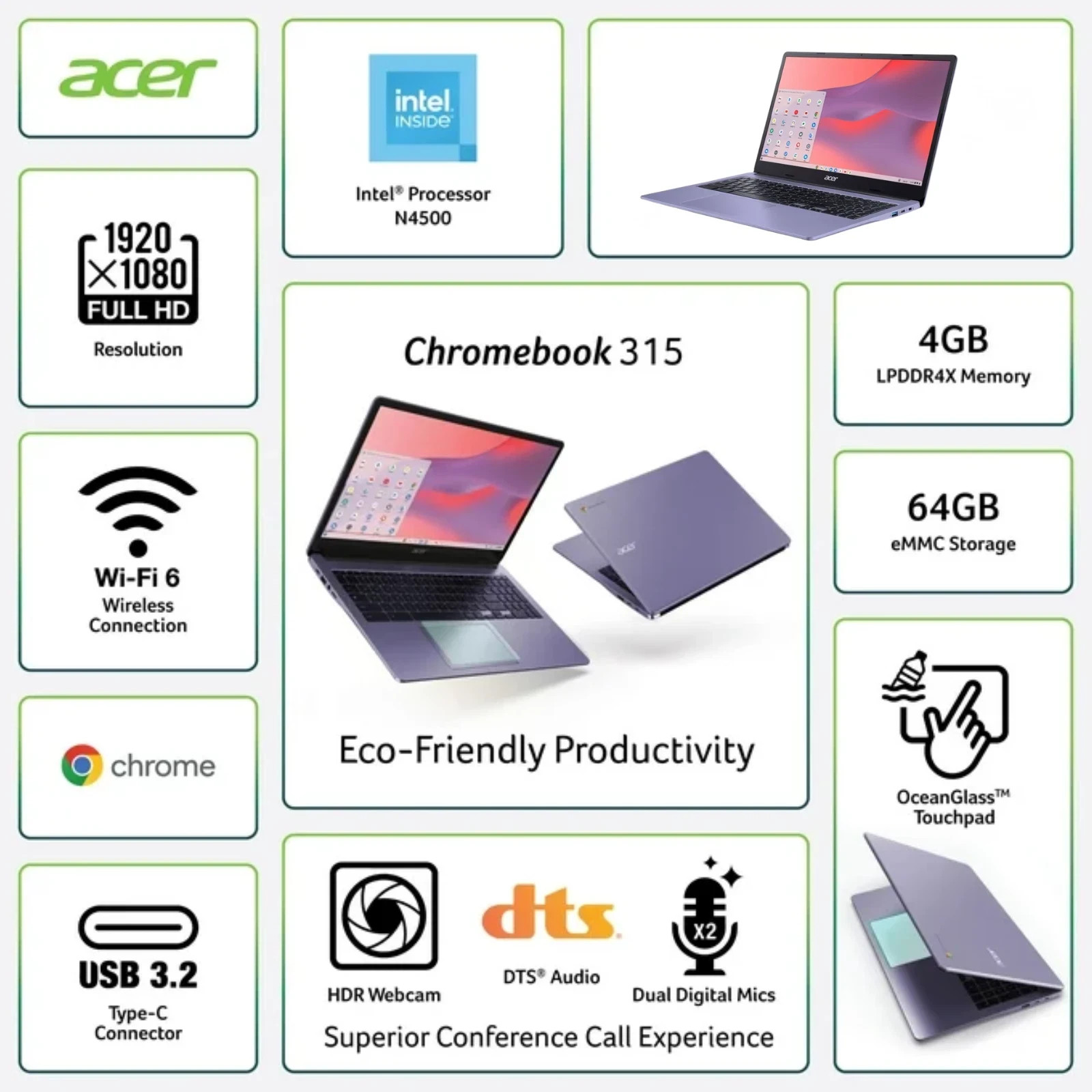 Acer Chromebook 315 15.6″ Intel Celeron N4500 4GB RAM 64GB eMMC UHD Refurbished