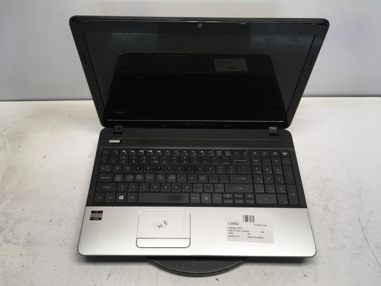 Gateway NE51B AMD E1-1200 1400MHz 4 GB NO HDD No Batt