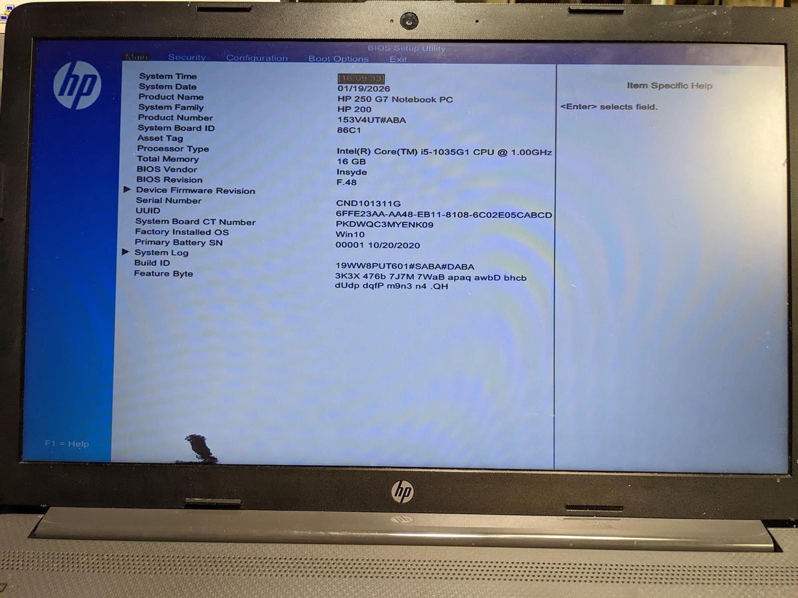 HP 250 G7 i5-1035G1 @ 1.0GHz, 16GB RAM, NO HDD/OS – (FOR PARTS)