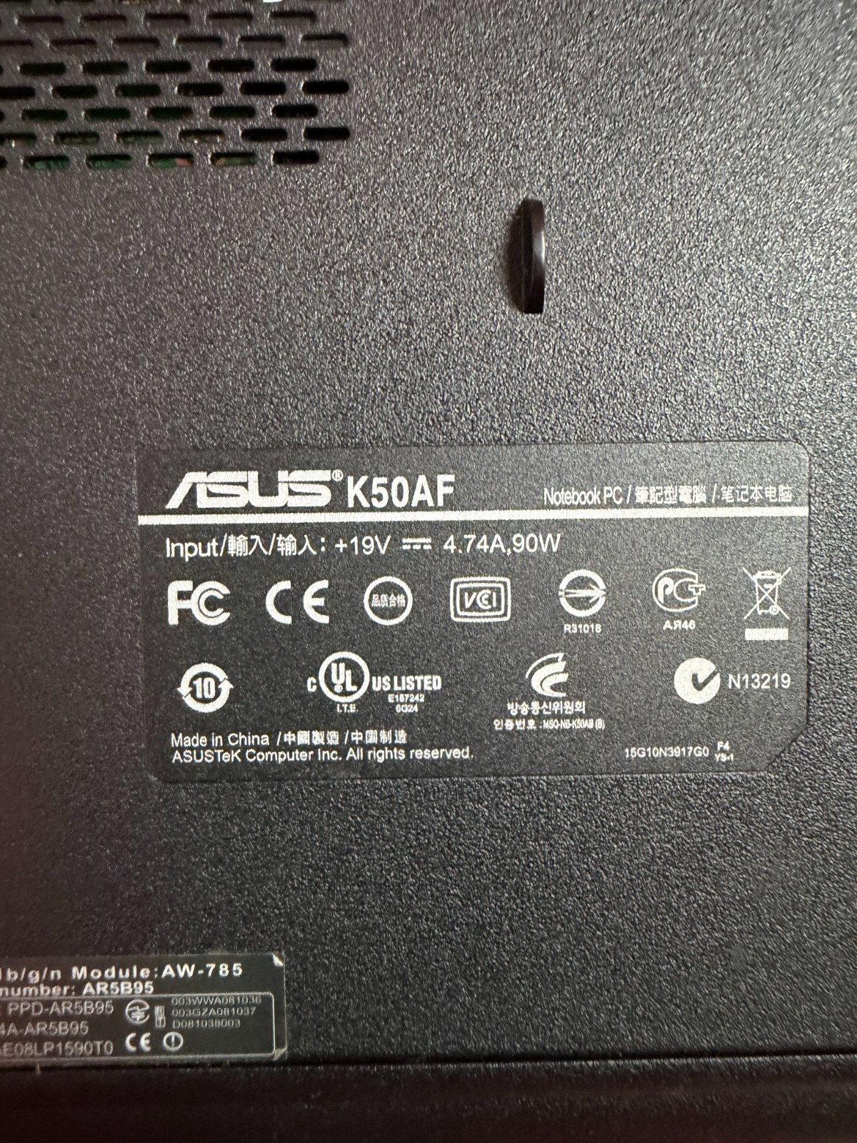 Asus K50AF Laptop Intel Pentium Windows 7 Black Altec Lansing SRS