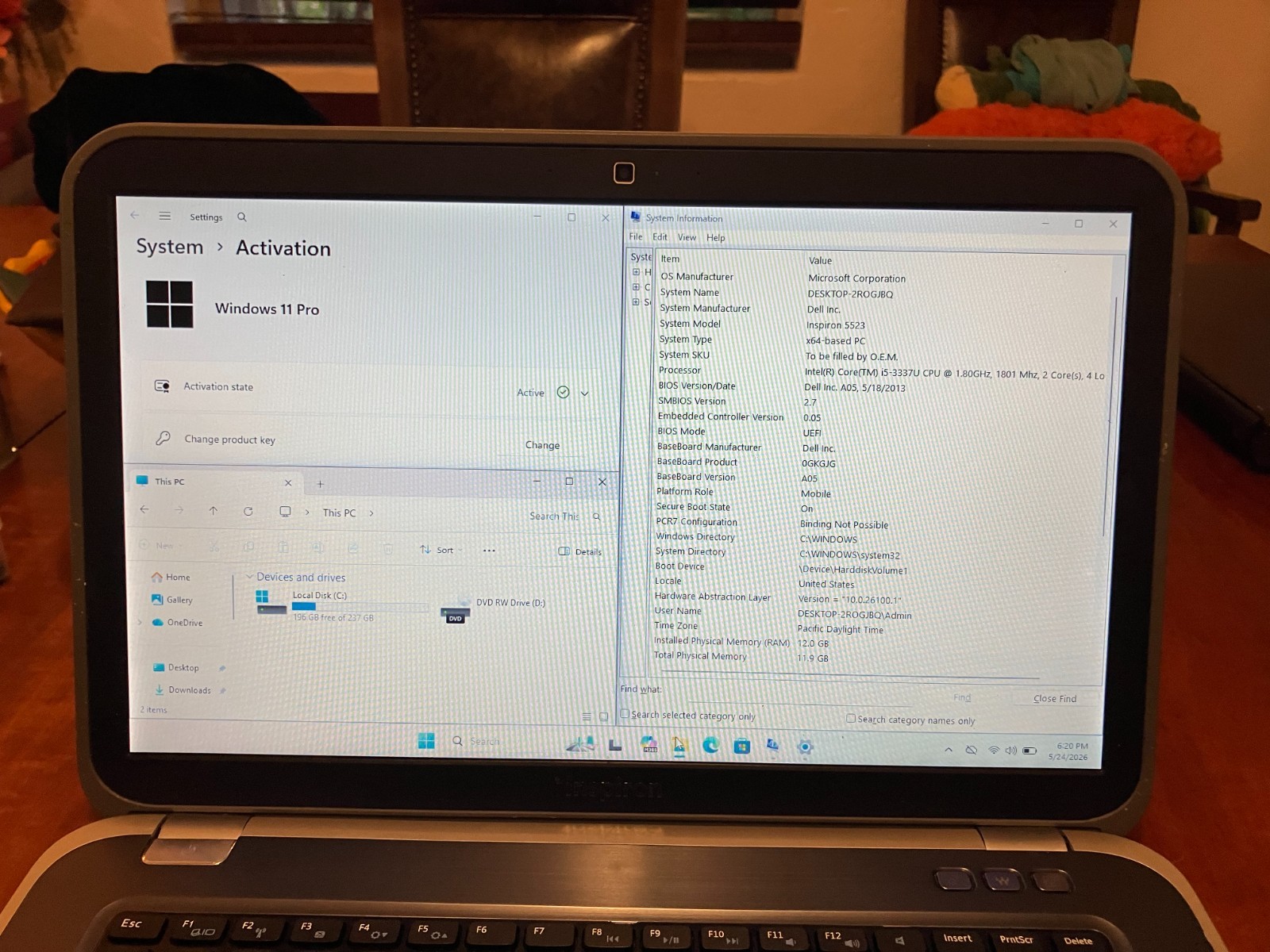 Dell Inspiron 15R 5523 15.6″ Laptop i5 1.8GHz 12GB RAM 240GB SSD Win 11 Pro Wifi