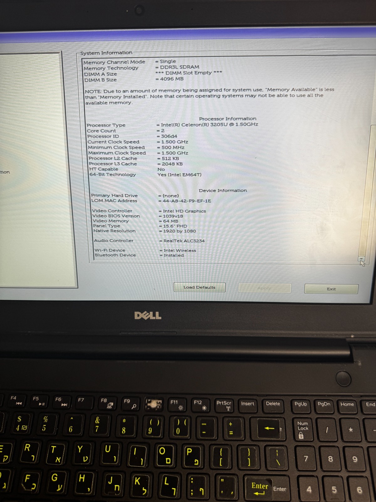 Dell Latitude 3550 Intel Celeron 3205U 4GB RAM laptop For Parts/Repair #6428
