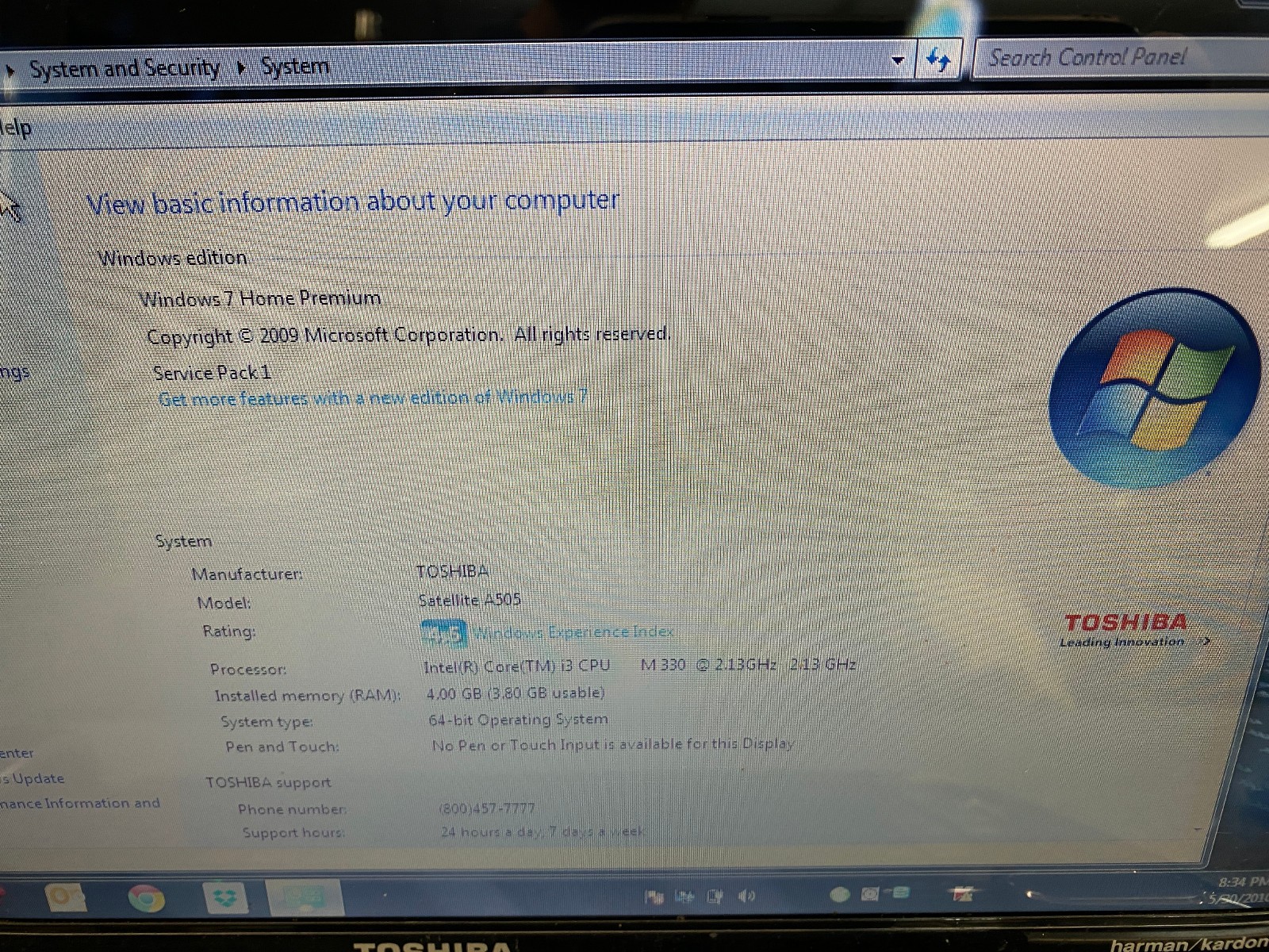 Toshiba Satellite A505-S6005 Intel Core i3-330M 2.13GHz 4GB RAM 500GB HDD