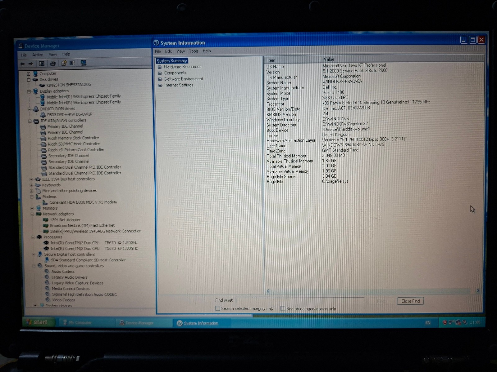 Dell Vostro 1400 Laptop Notebook 14.1″ 2GB 120GB SSD Windows XP Office Charger