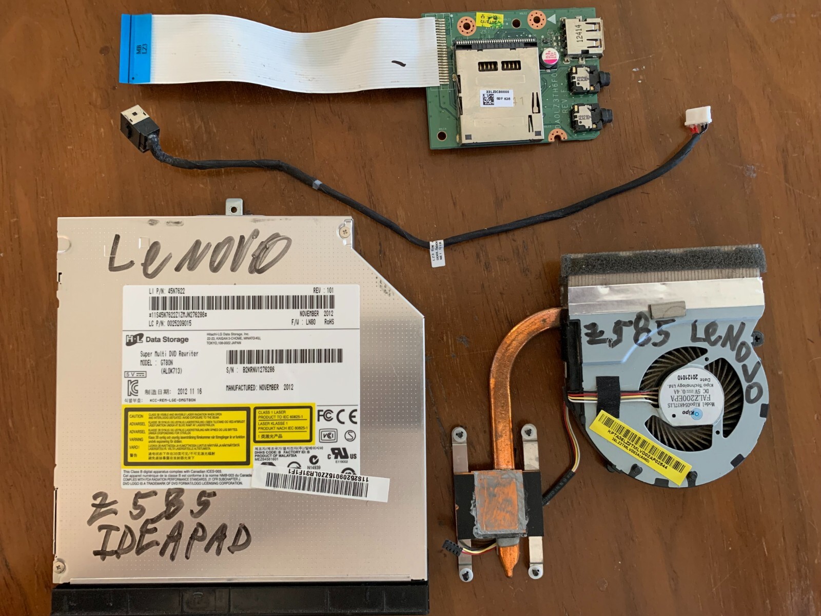 LENOVO IDEAPAD Z585 DVD-R/W, Power jack pigtail, fan/heatsink, USB/audio jack bd