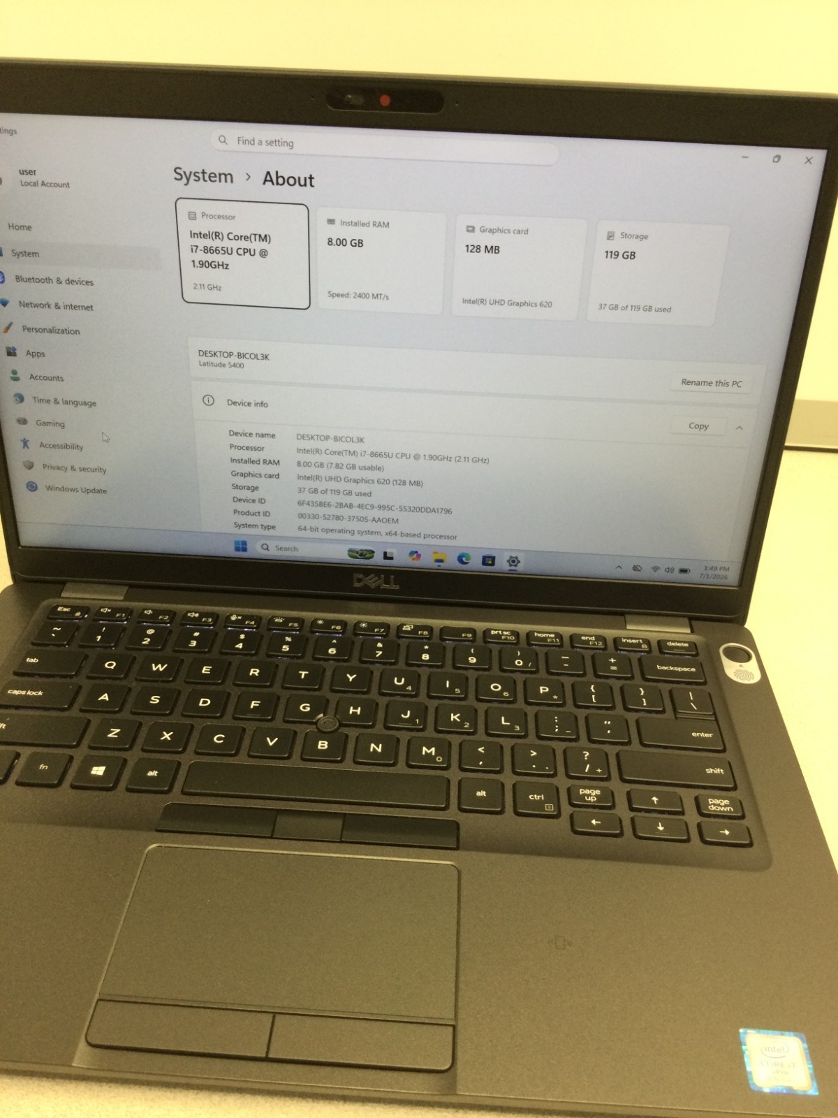 Dell Latitude 5400 14″ Core i7-8665U 1.90GHz 8GB RAM 125GB SSD win 11 pro