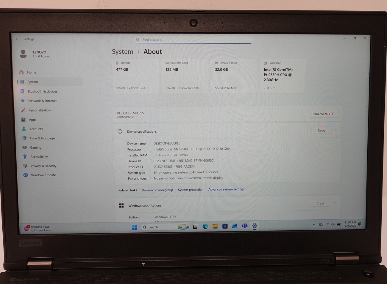 Lenovo ThinkPad P53 15.6″ Intel Core i9-9880H 32GB 512GB NVIDIA QUADRO RTX 4000