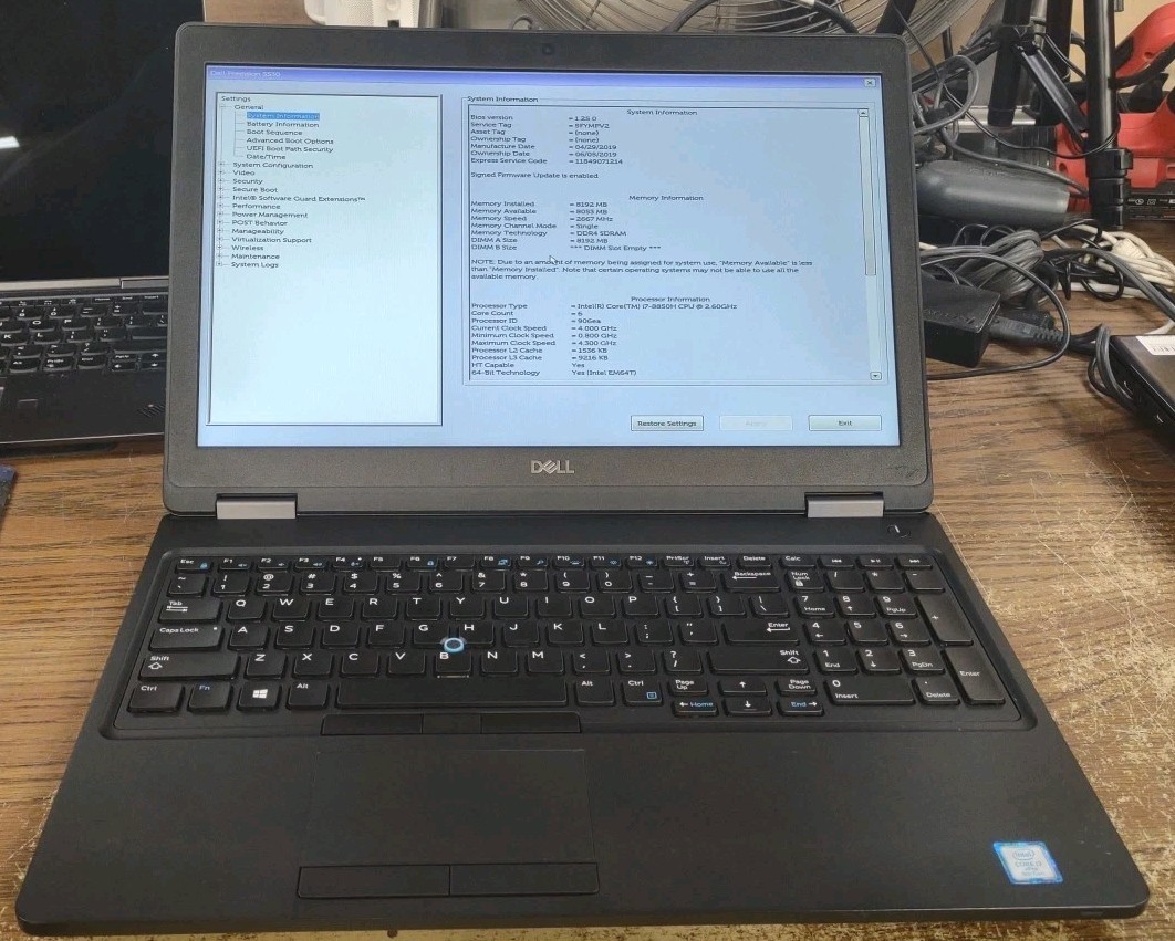 Dell Precision 3530 15.6” W/ i7-8850H 2.60GHz, 8GB RAM, 256GB SSD.