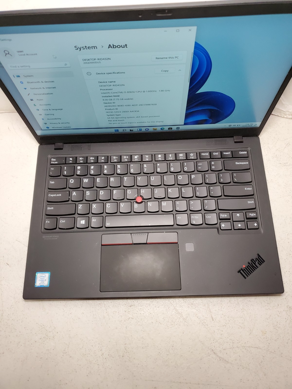 ThinkPad X1 Carbon 7th Gen Core i5-8365U 1.80GHZ 8GB RAM 256GB SSD Win11 #69