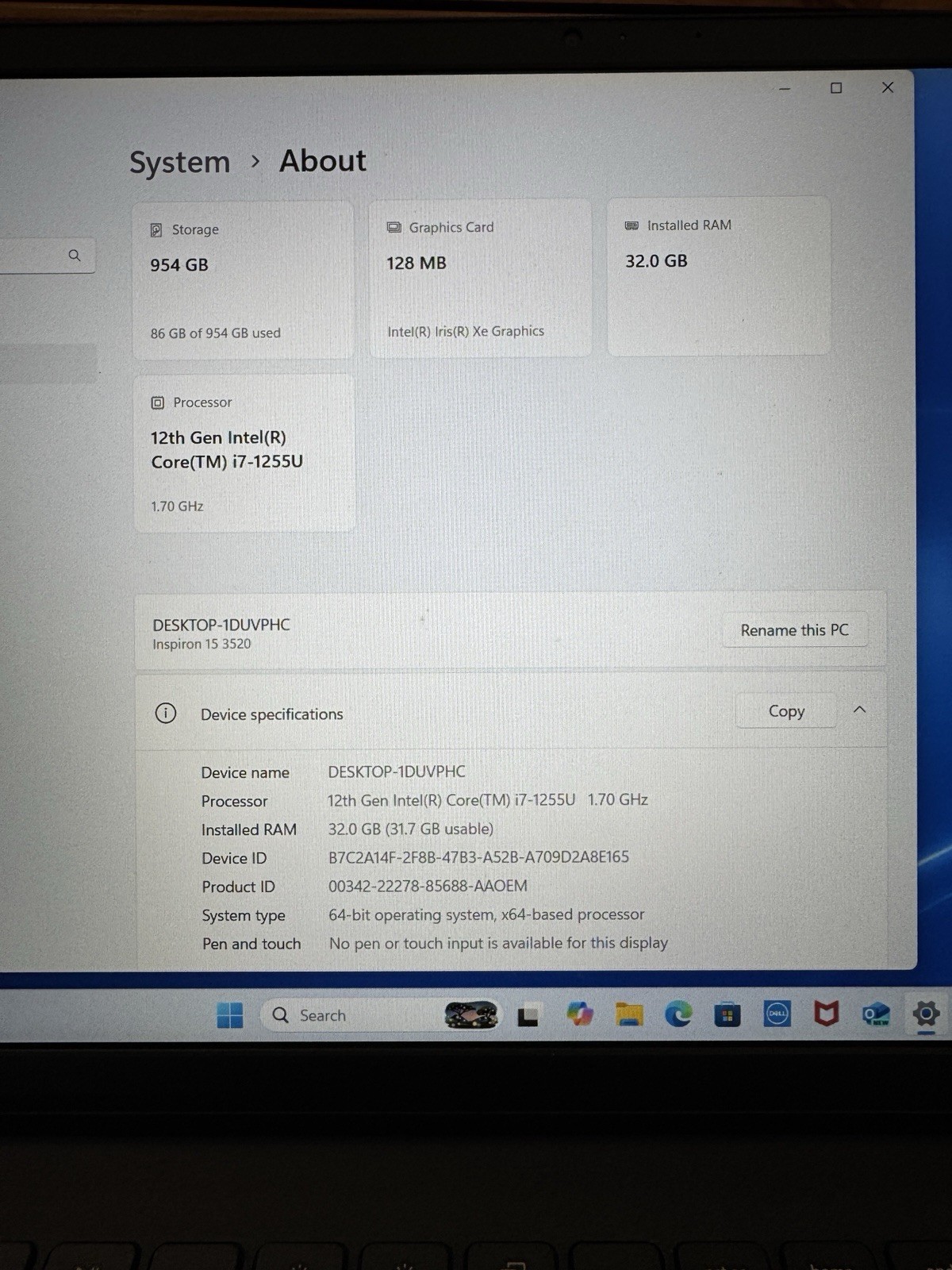 Dell Inspiron 3520 15.6 in Full i7-1255U 32GB RAM 1TB SSD Iris Xe