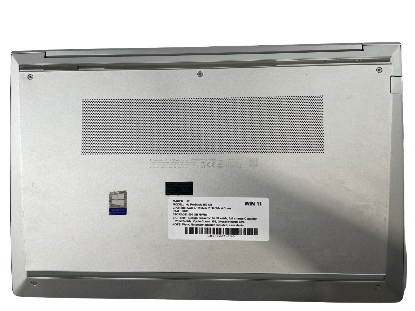 HP ProBook 450 G8 Core i7-1165G7@2.80GHz Core 4 8GB RAM 500GB NVMe Win. 11-No AC