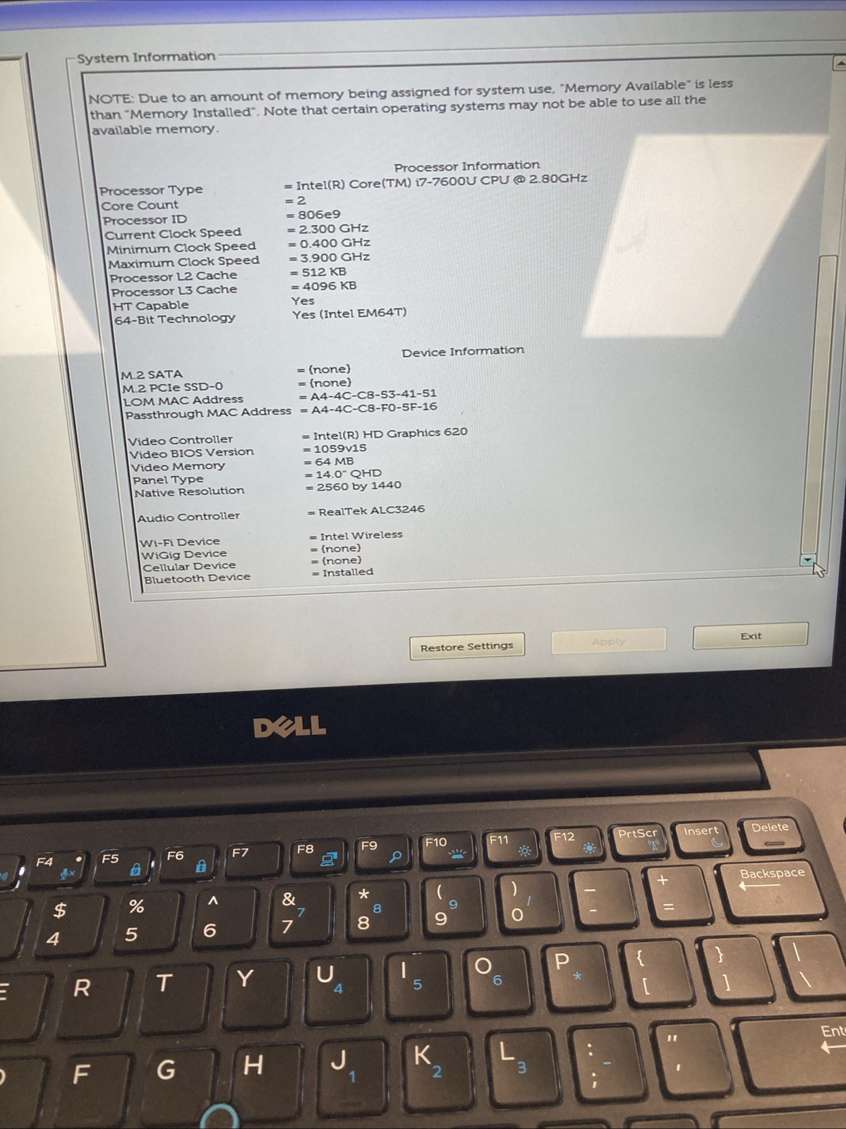 DELL LATITUDE E7480 i7-7600U @2.80 GHz, 16 GB RAM, NO HDD No Battery #1006