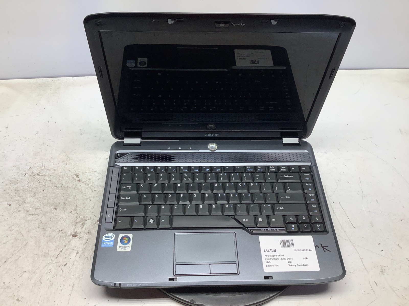 Acer Aspire 4730Z Intel Pentium T3200 2GHz 2 GB NO HDD