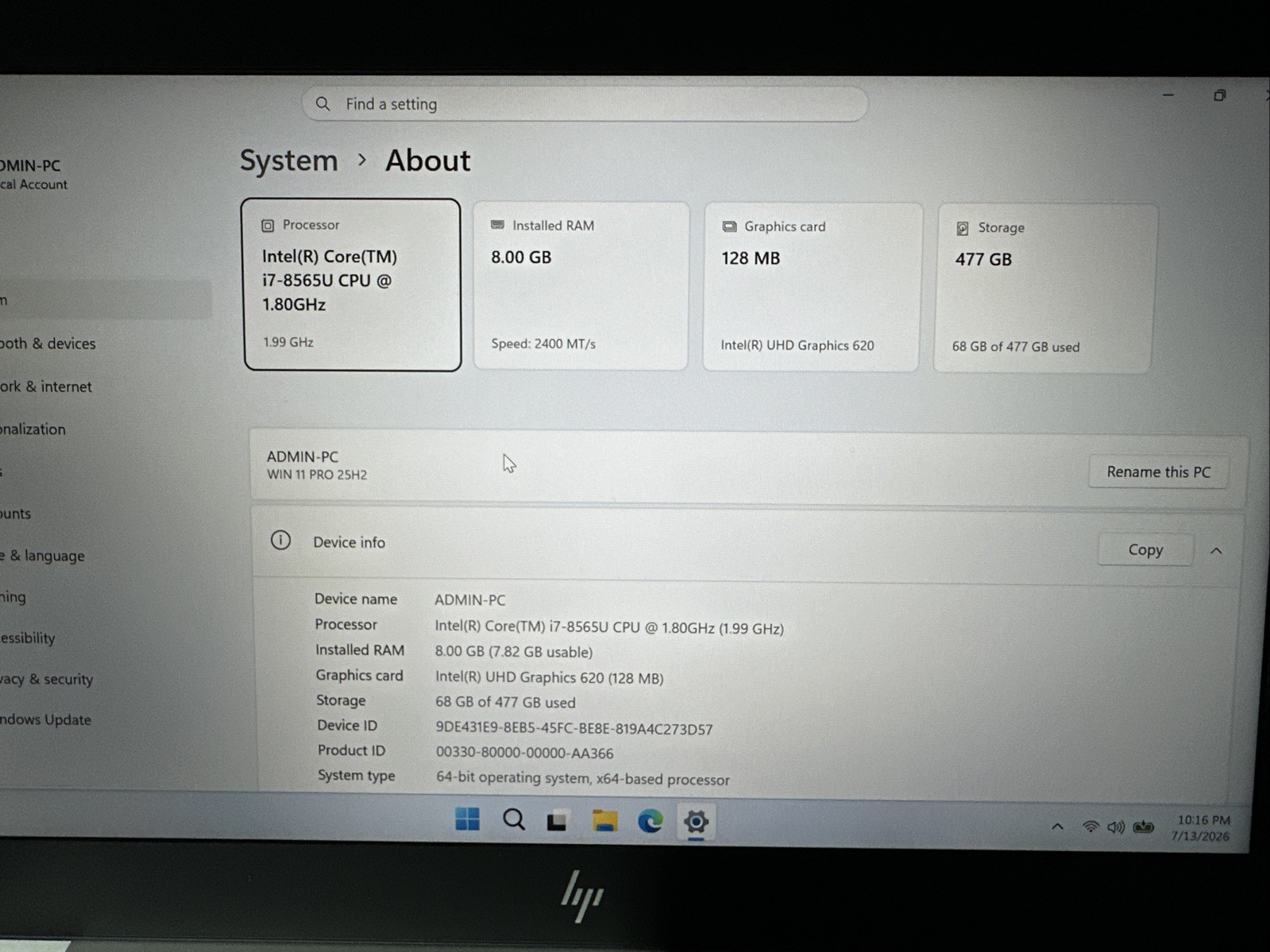 HP EliteBook 840 G6 Intel Core i7-8665U 8GB DDR4 512GB Ssd Nvme . Grade A.