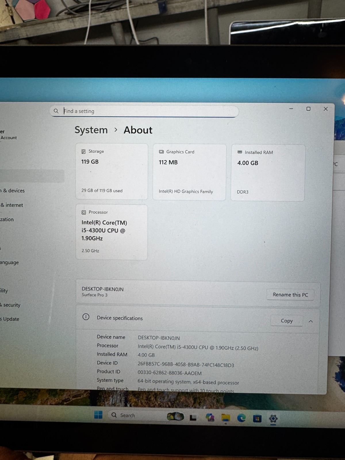 Microsoft Surface Pro 3 Core I5-4300U 4GB RAM 128GB SSD Laptop #6508