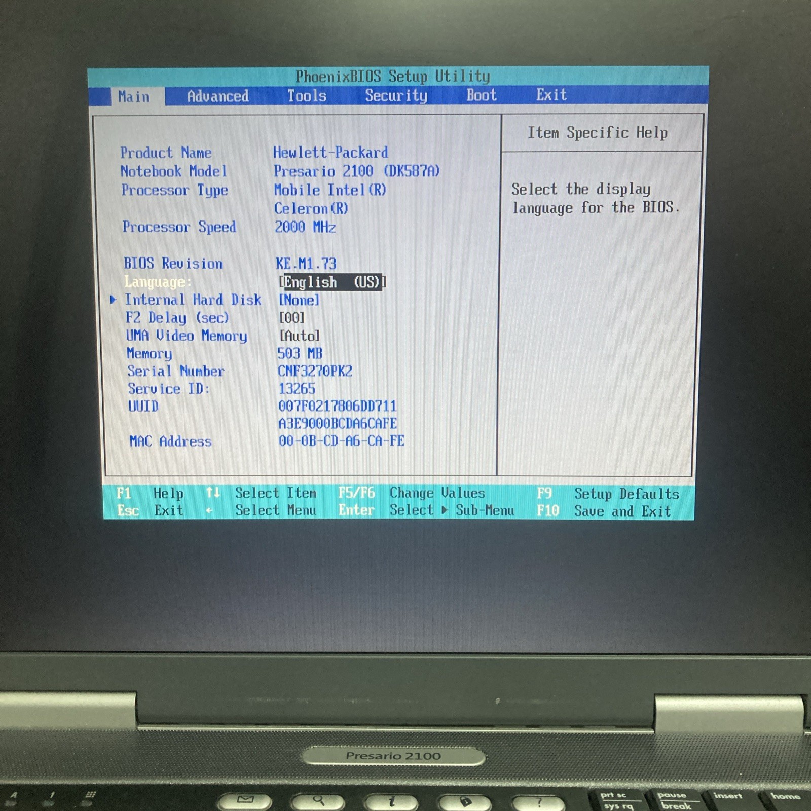 Compaq Presario 2100 Mobile intel celeron 2.00 GHz 503 MB no HDD boot to BIOS.