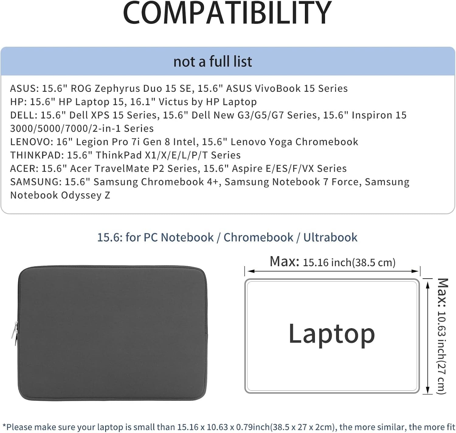 15.6 Inch Laptop Sleeve Protective Case Soft Carrying Zipper Bag Cover for 15.6″