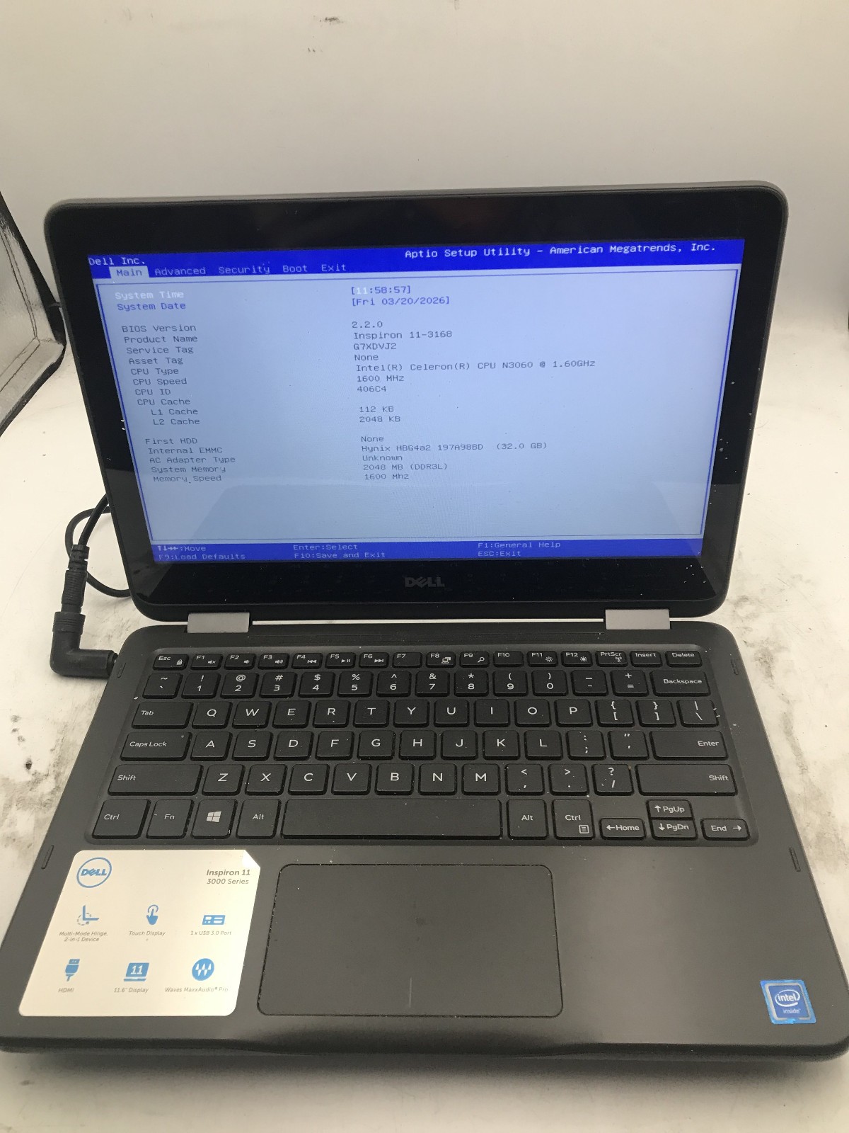 DELL INSPIRON 11 3168 – BOOTS TO BIOS – INTEL CELERON N3060 – 2GB RAM – READ -BB