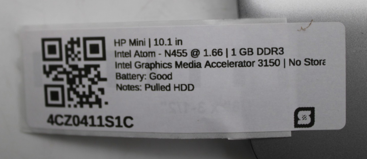HP Mini Laptop Intel Atom N455@1.66GHz 1GB DDR3 NO STORAGE OR OS *USED/TESTED*