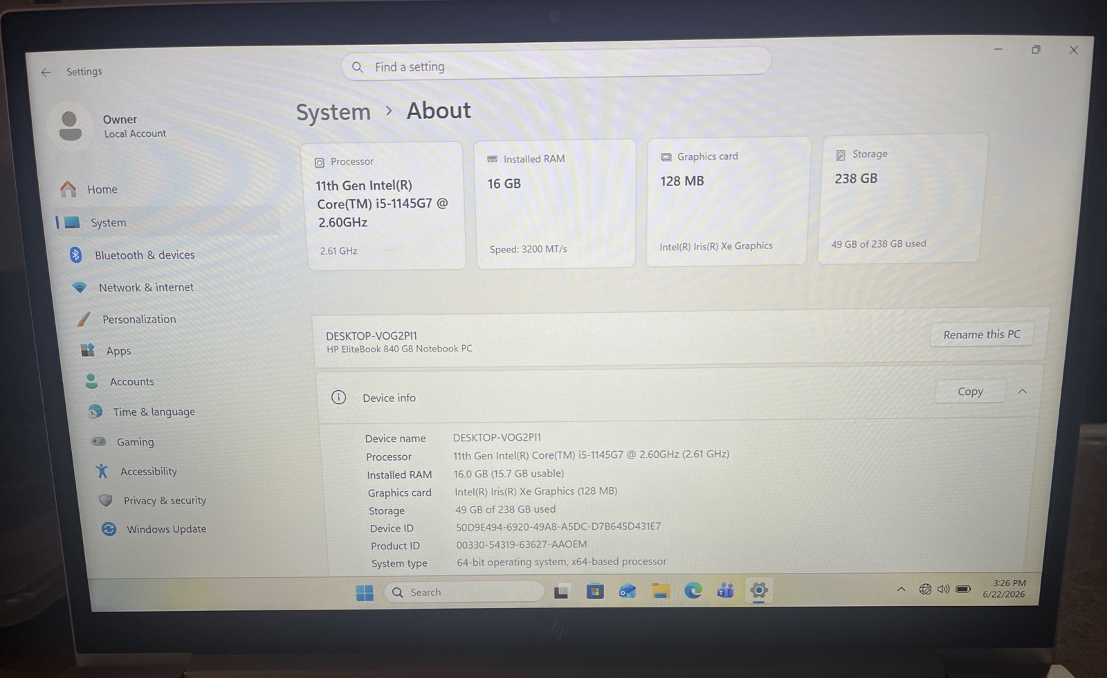 HP EliteBook 840 G8 14″ i5-1145G7@2.6GHz, 16GB RAM, 256GB M2, Win 11 Pro *READ