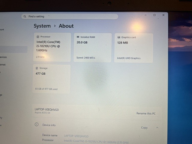 Acer A515-54 Laptop (i5-10210U 1.6 Ghz, 20GB, 512GB SSD & Power Supply) Batt=DOA