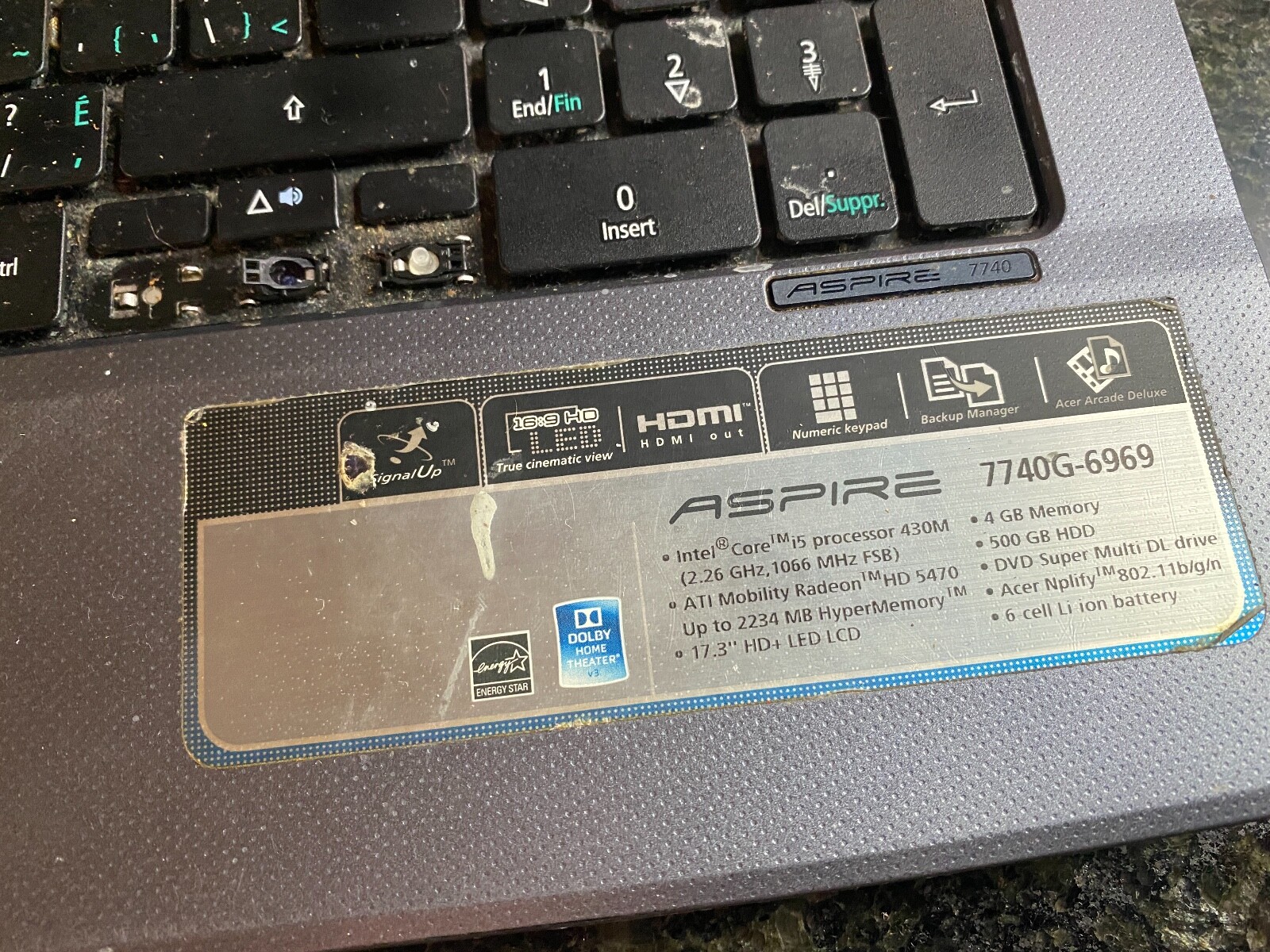 ACER ASPIRE 7740G LAPTOP-NOT WORKING-FOR PARTS OR REPAIR 7740G-6969