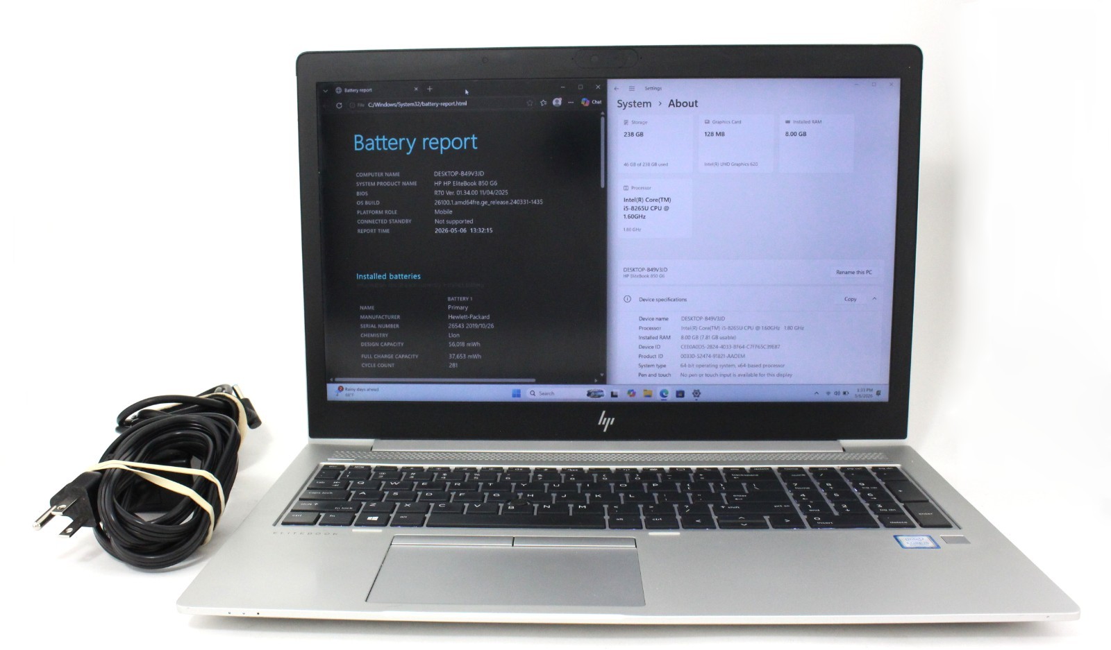 HP Elitebook 850 G6 15.6″ 1.8GHz i5-8265U 256GB SSD 8GB RAM Laptop; 6181309