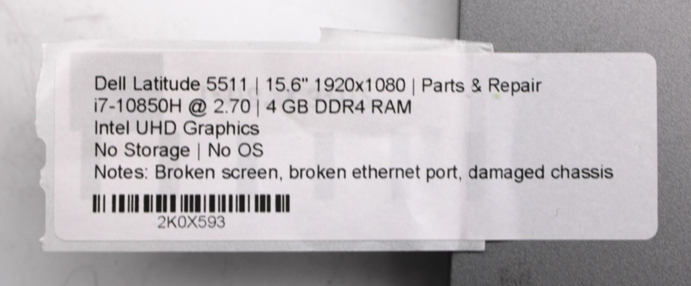 Dell Latitude 5511-i7-10850H@2.7GHz-4GB DDR4 RAM-NO STORAGE/OS*PARTS/REPAIR*