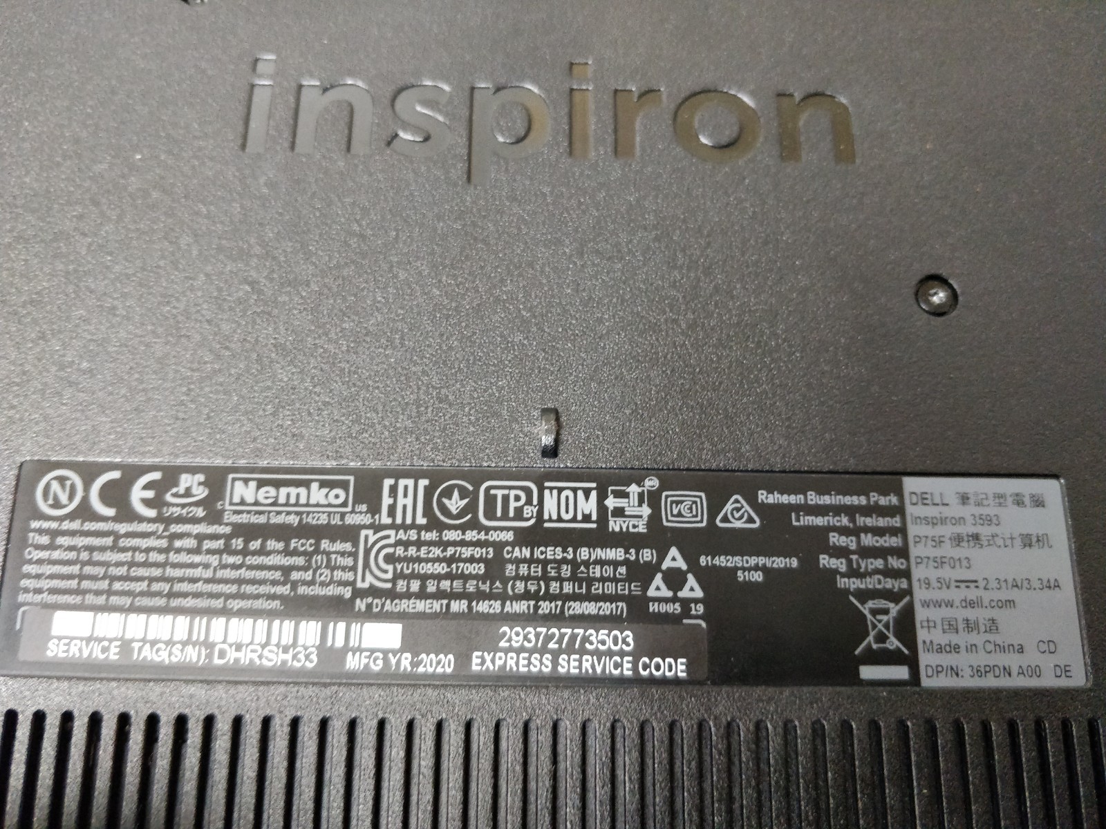 Dell Inspiron 3593 INTEL CORE I3-1005G1@1.20GHz 8GB RAM NO DRIVE PARTS 8860