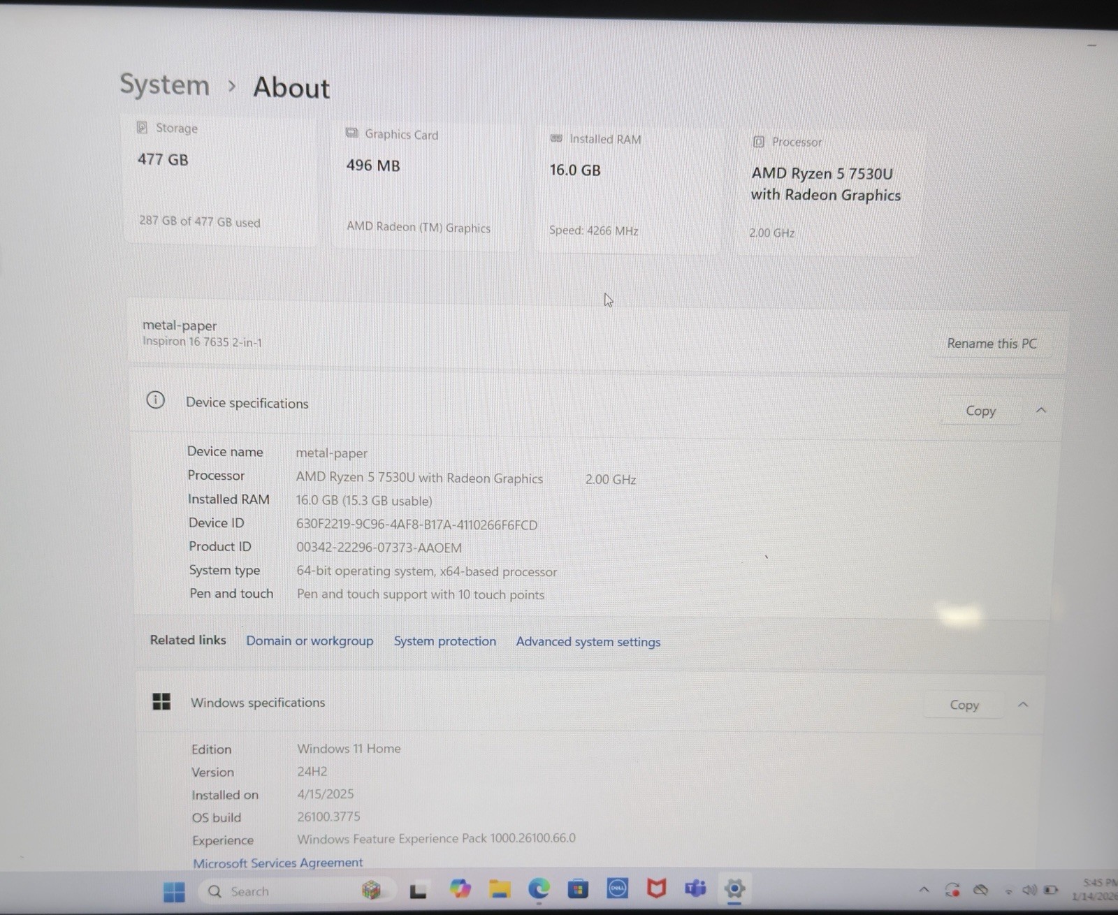 Dell Inspiron 16 7635 2-in-1 Laptop Ryzen 5 16GB 477GB SSD Touchscreen Silver