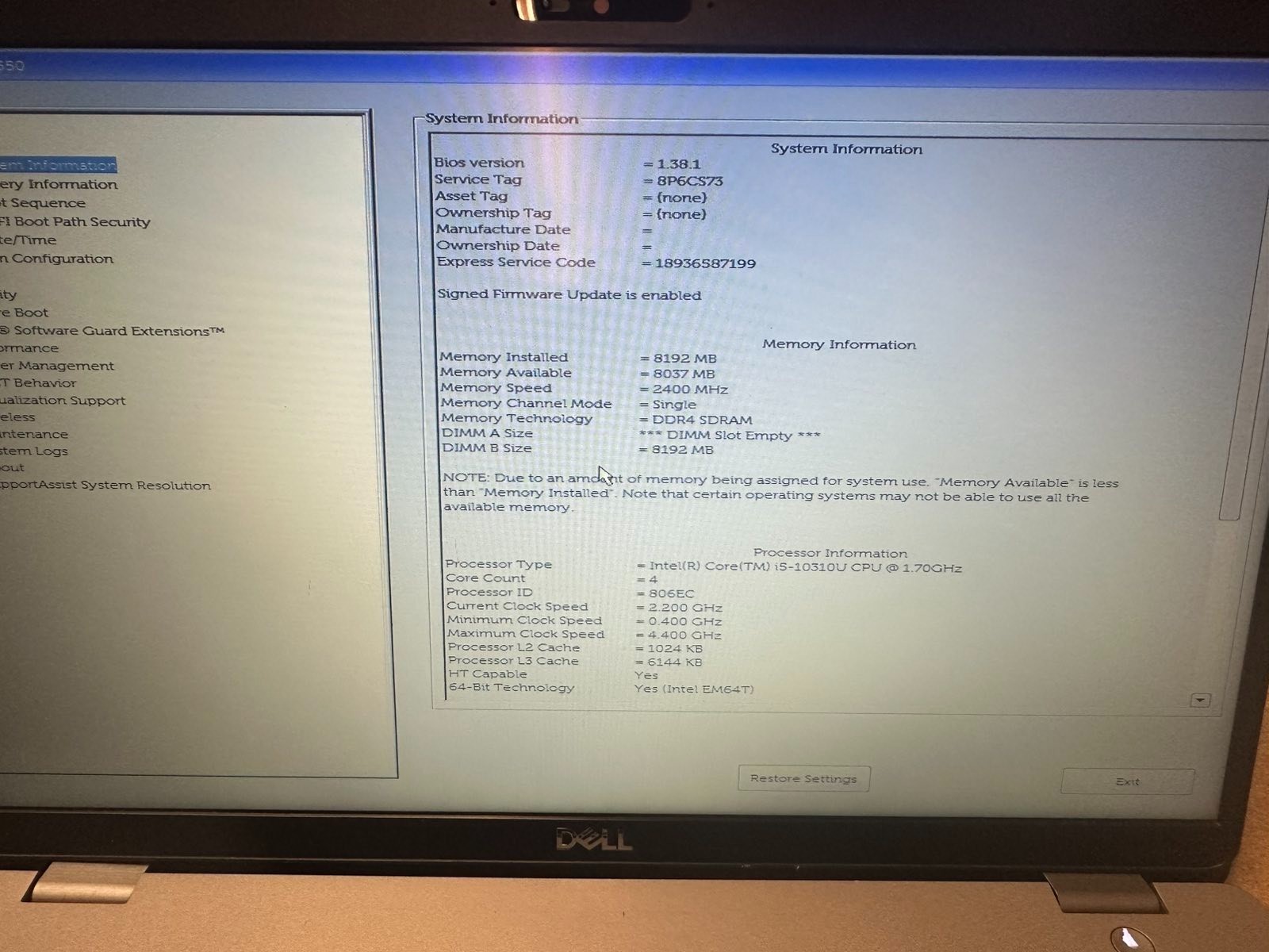 Dell Precision 3550 15.6″ i5-10210U – For Parts