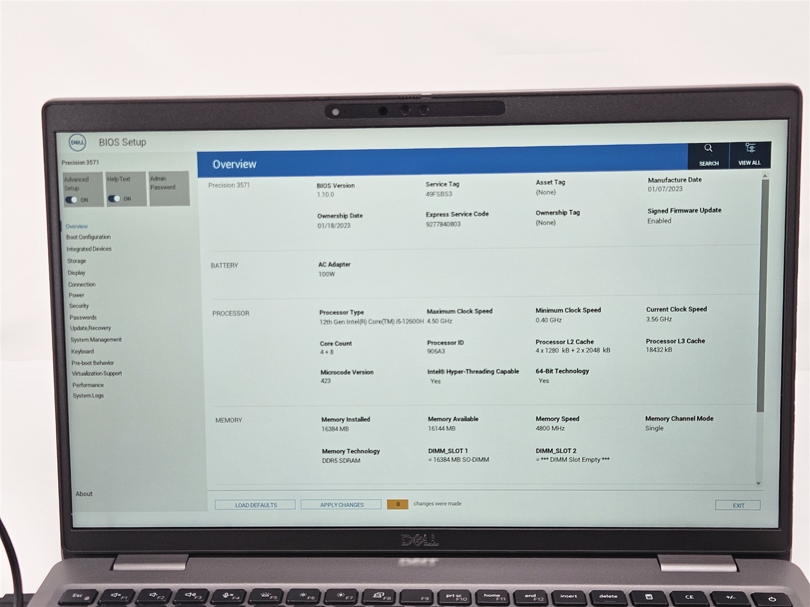 Dell 15.6″ Precision 3571 i5-12600H 16GB RAM 256GB SSD Touchscreen No OS