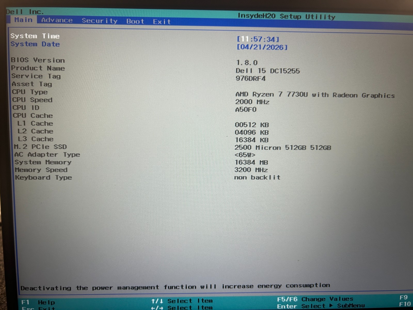 DELL 15 DC15255 G8MK9,, AMD Ryzen 7 7730U, 2.00 GHz, 16 GB RAM, 512 GB NVMe