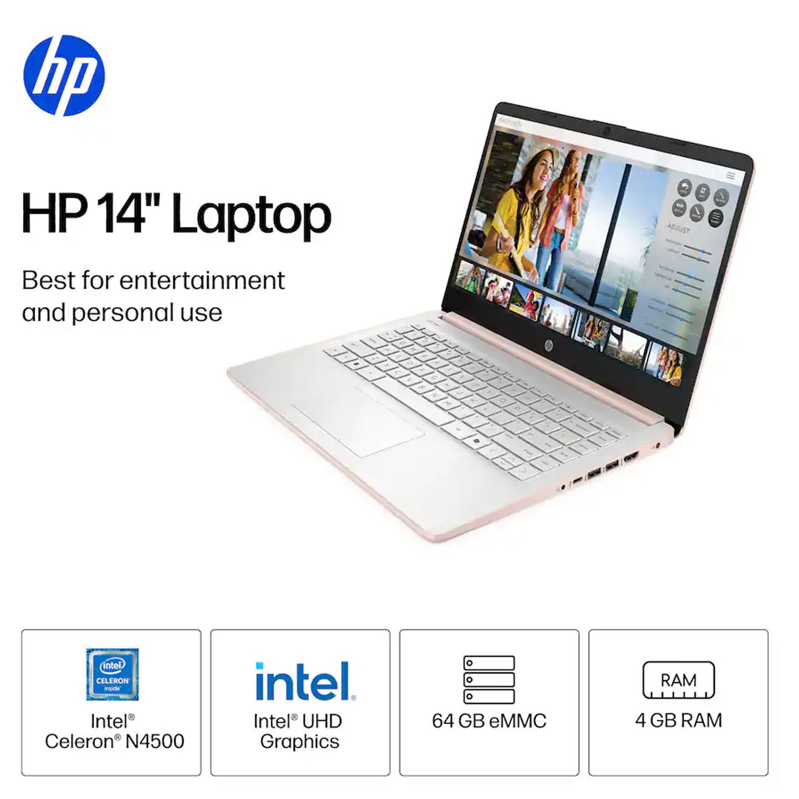 HP – 14″ Laptop – Intel Celeron N4500 2021 – 4GB Memory – 64GB eMMC – Rose Gold