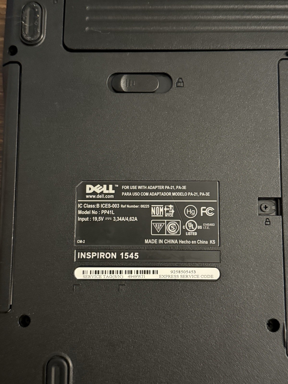 Dell Inspiron 1545 15.6” Core 2 Duo T6500 4GB RAM 320GB HDD Windows 7 W/ Charger