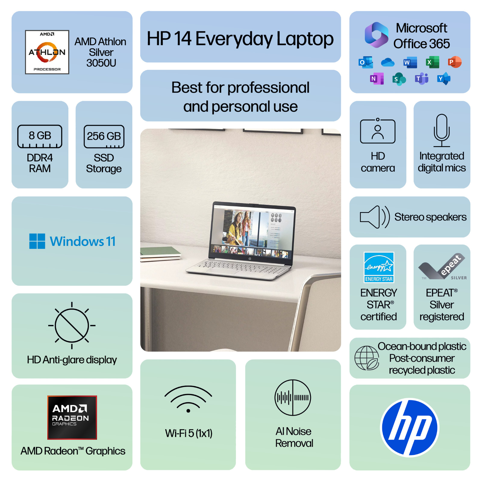 HP Laptop Computer 15.6″ AMD Athlon Up to 3.2GHz 8GB RAM 256GB SSD