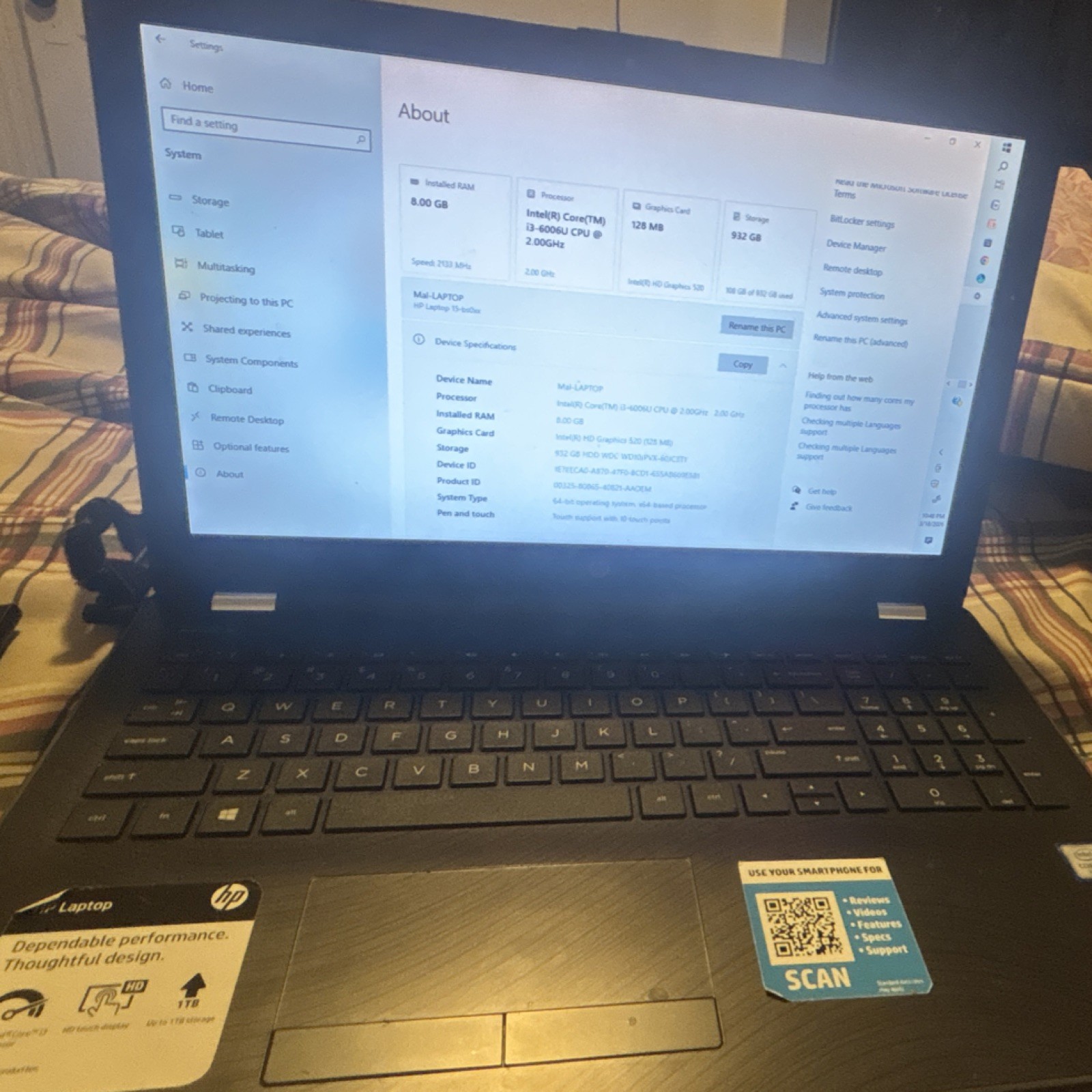 HP Laptop 15-bs0xx Intel Core i3-6006U 8GB RAM 932GB HDD 15.6″ Windows 10 Black