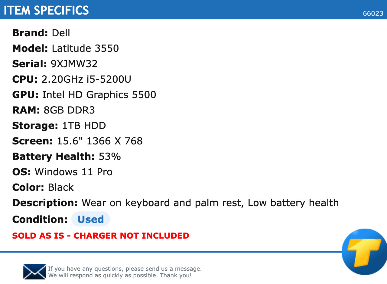 Dell Latitude 3550 – 15.6″ HD, 2.20GHz i5, 8GB RAM, 1TB HDD, Windows 11 Pro