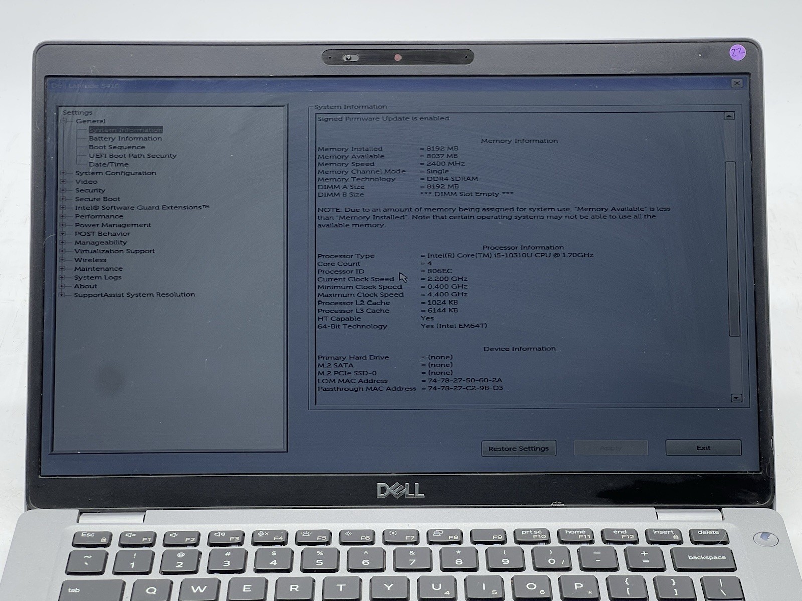 Dell Latitude 5410, i5-10310U CPU, @ 1.70GHz, 8GB RAM-No OS/HDD, w/Chager