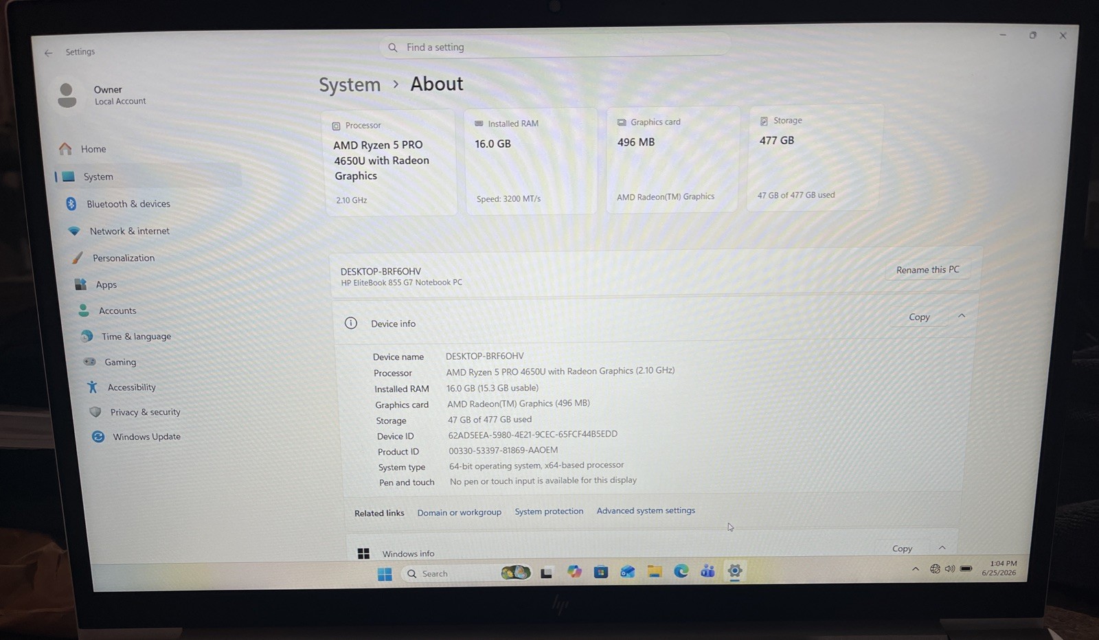 HP EliteBook 855 G7 15.6″ AMD Ryzen 5 Pro 4650U@2.1GHz, 16GB RAM, 512GB M2, W11P