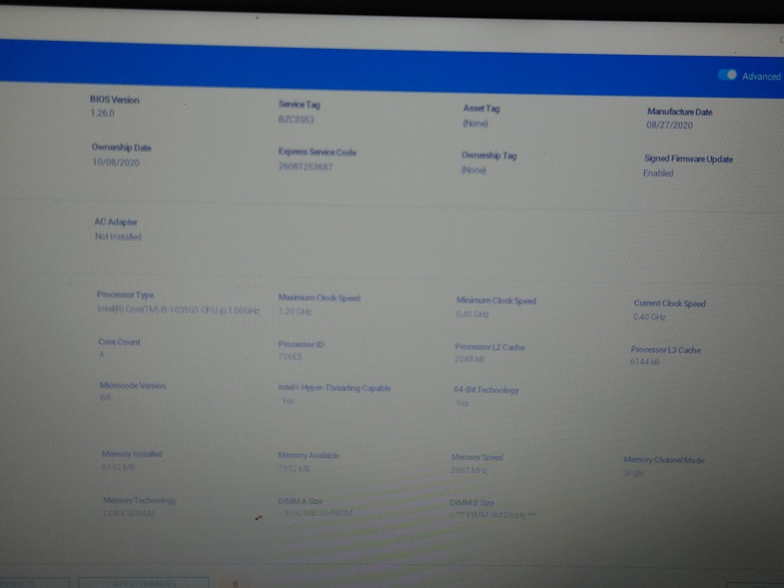 Dell Inspiron 3593 15.6″ HD i5-1035G1 8GB RAM No Battery/OS/SSD