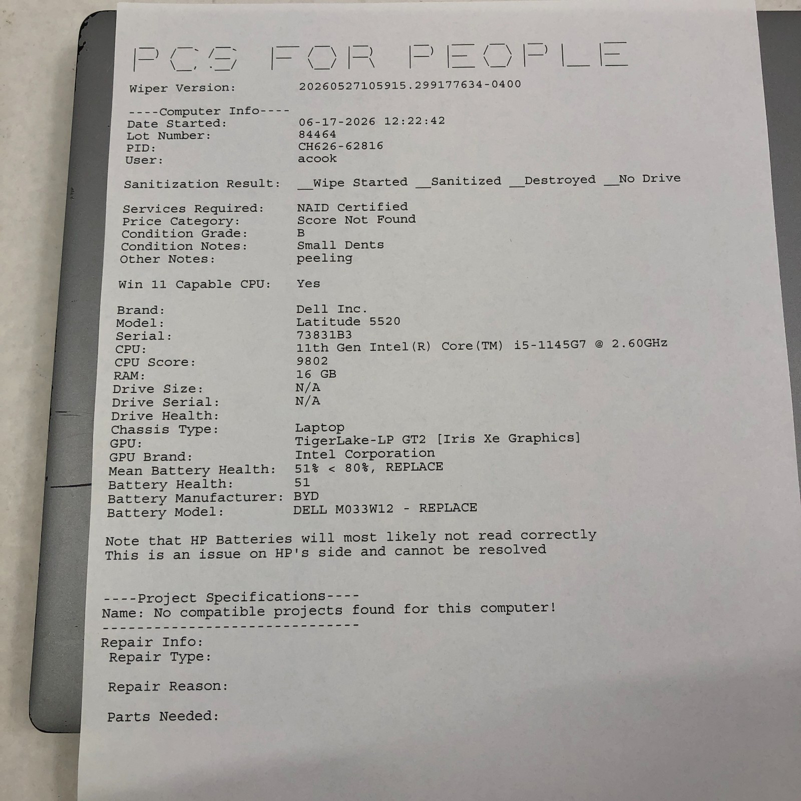 Dell Latitude 5520 Intel Core i5-1145G7 2.60GHz 16GB RAM NO SSD/AC