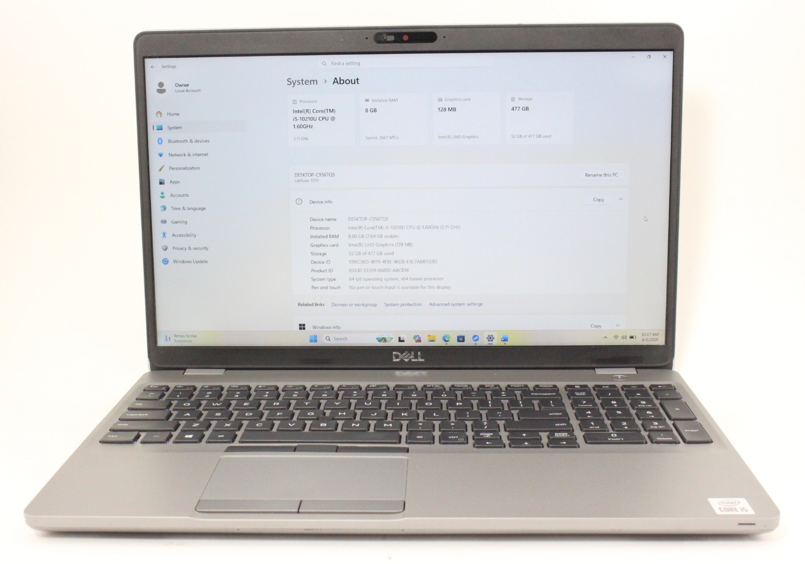 Dell Latitude 5510 15.6″ 1.6GHz i5-10210U 512GB SSD 8GB RAM Win 11 Pro ; 6181973