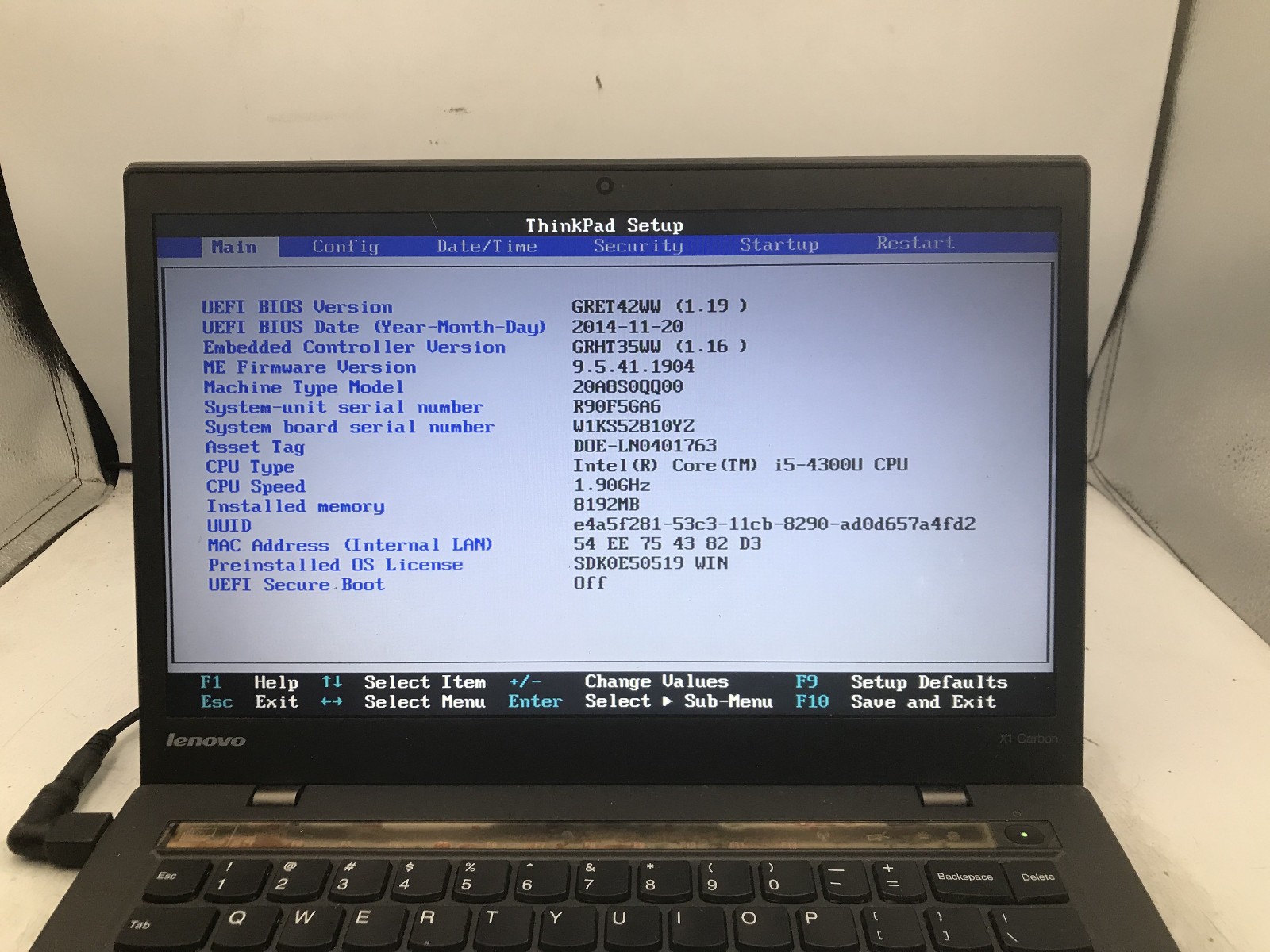 LENOVO THINKPAD X1 CARBON – BOOTS TO BIOS – INTEL I5-4300U – 8GB RAM – READ – BB