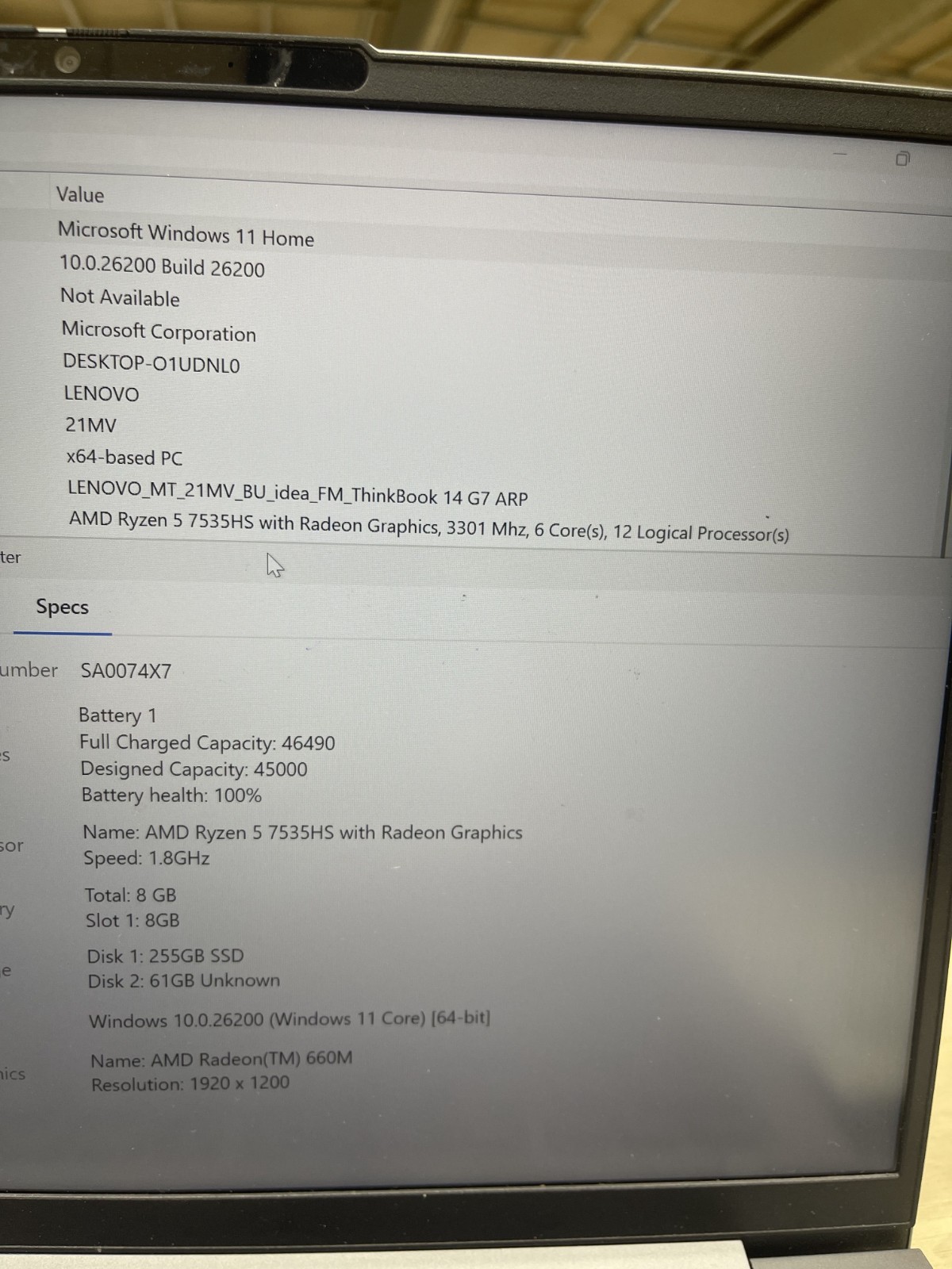 Lenovo ThinkBook 14 G7 ARP Ryzen 5 7535HS 3.30GHz 8GB RAM 256GB SSD Win 11 Pro