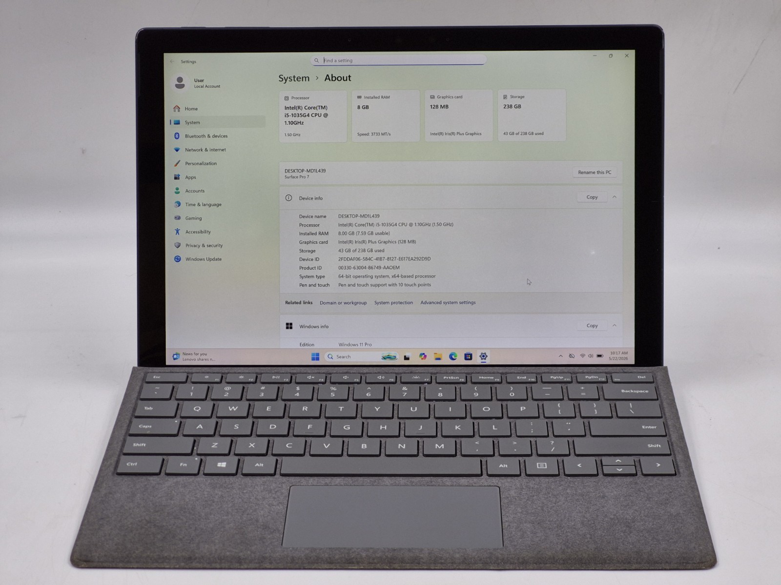Microsoft Surface Pro 7 i5-1035G4 1.10GHz 8GB RAM 256GB NVMe W11P Tablet